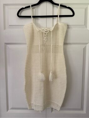 Crochet Spaghetti Strap cover up Mini Dress in Cream